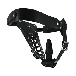 Safety Net Leather Chastity Belt with Anal Plug Harness