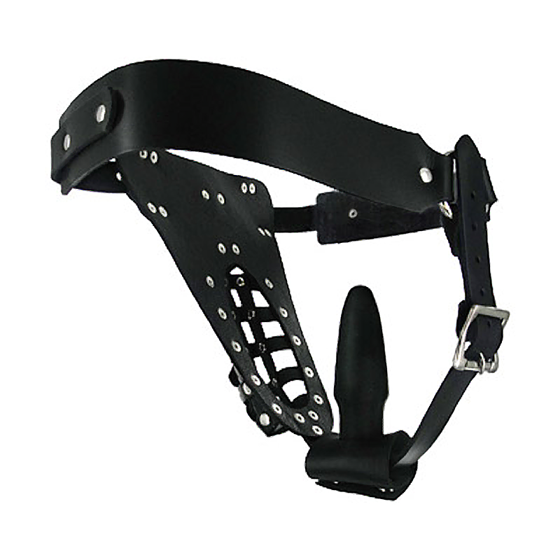 Safety Net Leather Chastity Belt with Anal Plug Harness