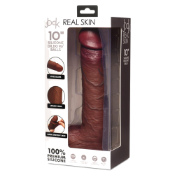 Real Skin Silicone Dildo with Balls 10 Inch - Dark