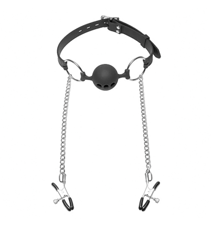 Hinder Breathable Silicone Ball Gag with Nipple Clamps